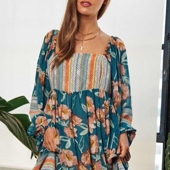 Davi & Dani Floral Print Ruffle Detail Long Sleeve Mini Dress - NWT - Size M - Picture 4 of 5